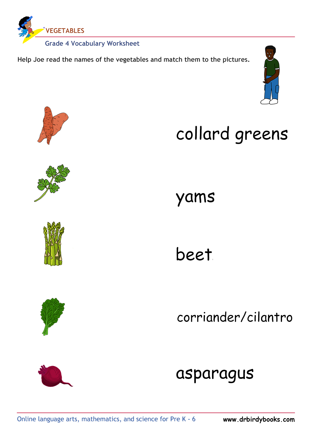 Grade 4 vocabulary worksheet featuring activities for matching pictures of vegetables to their names.