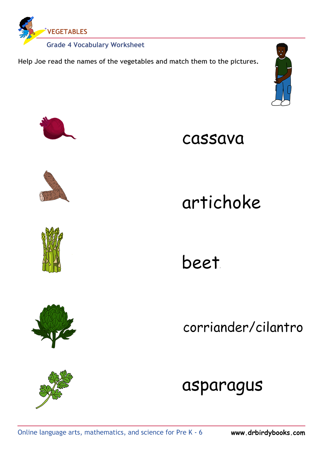 Grade 4 vocabulary worksheet featuring activities for matching pictures of vegetables to their names.