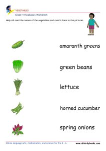 Grade 4 vocabulary worksheet featuring activities for matching pictures of vegetables to their names.