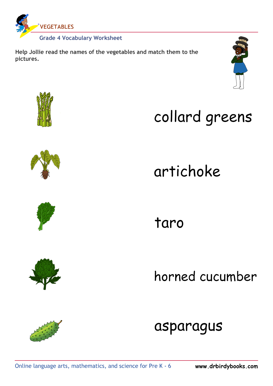 Grade 4 vocabulary worksheet featuring activities for matching pictures of vegetables to their names.
