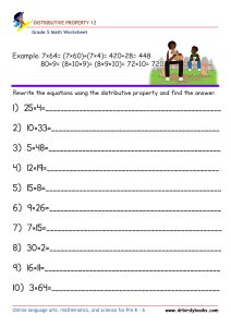 Grade 5 Math Distributive Property Worksheet with example problems.