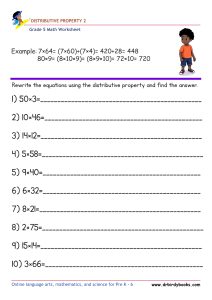 Grade 5 Math Distributive Property Worksheet with example problems.