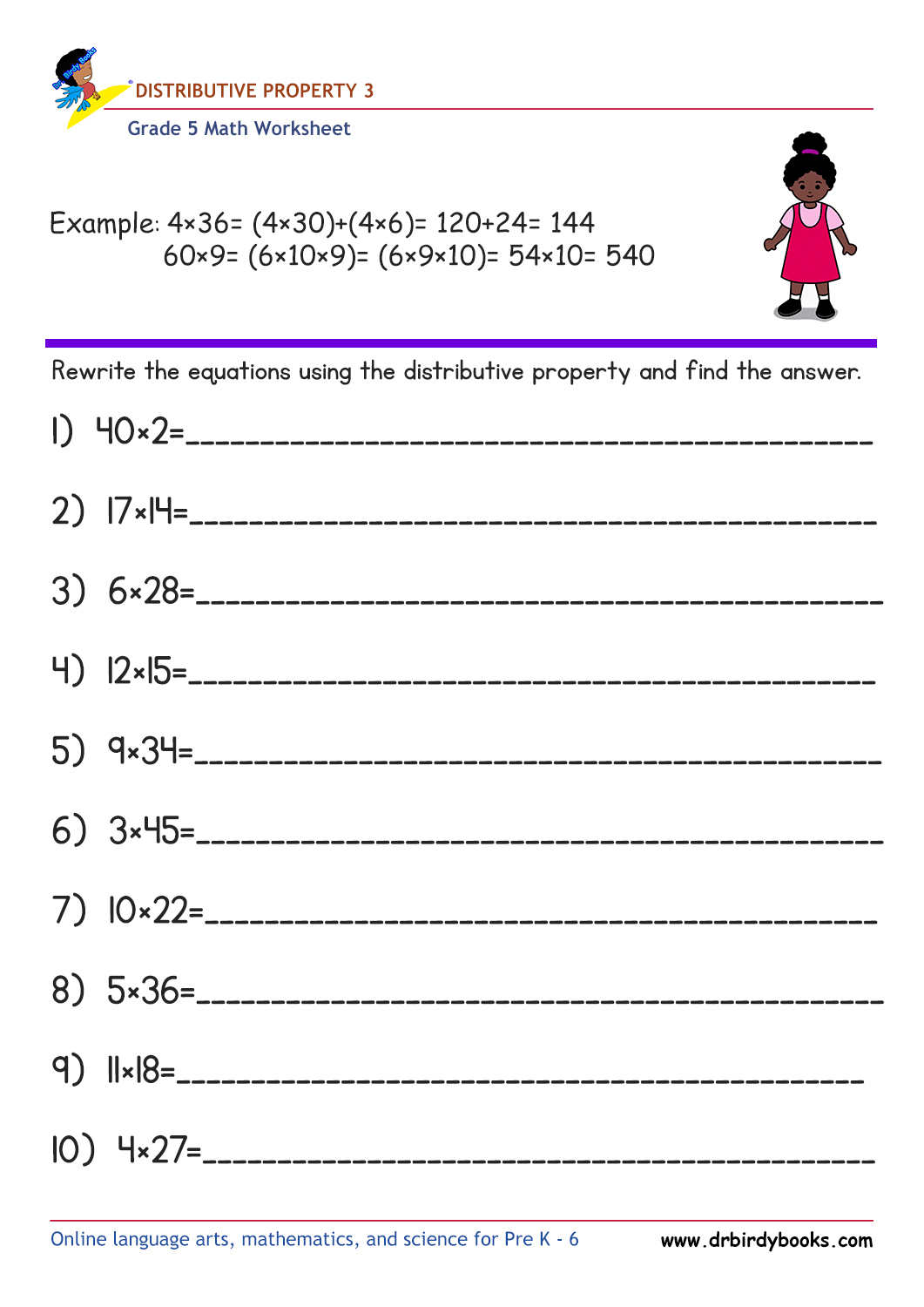 Grade 5 Math Distributive Property Worksheet with example problems.