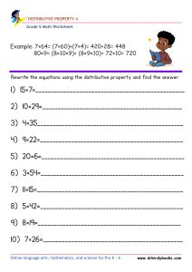 Grade 5 Math Distributive Property Worksheet with example problems.