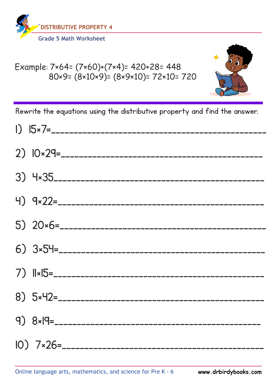 Grade 5 Math Distributive Property Worksheet with example problems.
