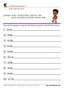 Grade 5 Math Distributive Property Worksheet with example problems.