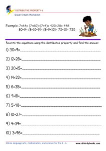 Grade 5 Math Distributive Property Worksheet with example problems.