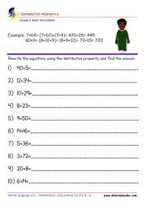 Grade 5 Math Distributive Property Worksheet with example problems.