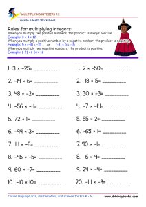 Grade 5 Math Multiplying Integers Worksheet with 20 problems.