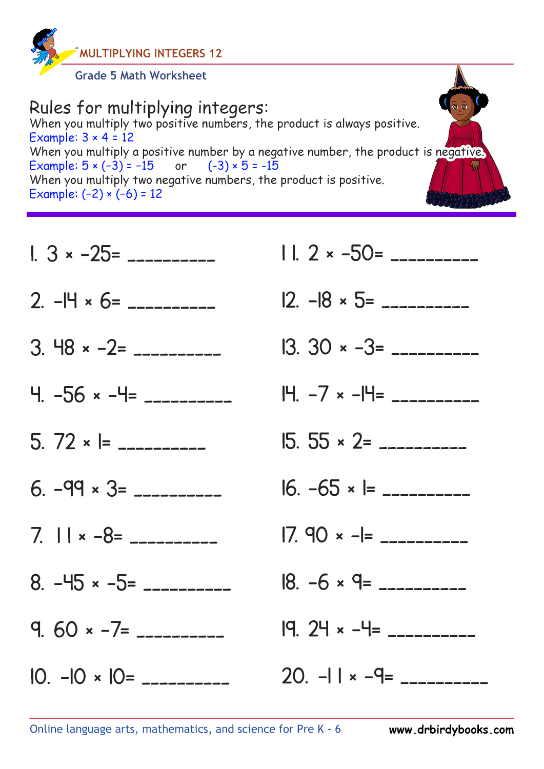 Grade 5 Math Multiplying Integers Worksheet with 20 problems.