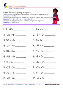 Grade 5 Math Multiplying Integers Worksheet with 20 problems.