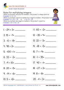 Grade 5 Math Multiplying Integers Worksheet with 20 problems.