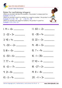Grade 5 Math Multiplying Integers Worksheet with 20 problems.
