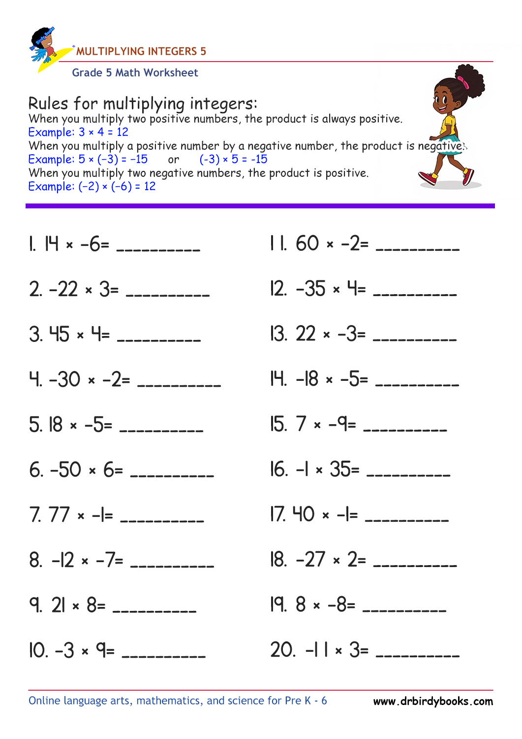 Grade 5 Math Multiplying Integers Worksheet with 20 problems.