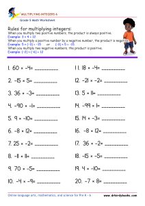 Grade 5 Math Multiplying Integers Worksheet with 20 problems.