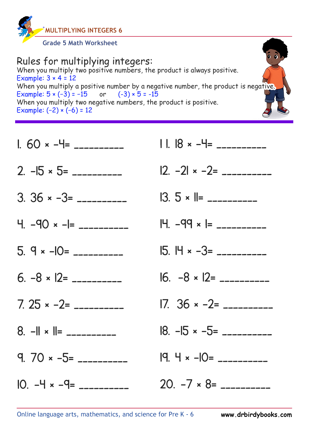 Grade 5 Math Multiplying Integers Worksheet with 20 problems.