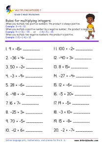 Grade 5 Math Multiplying Integers Worksheet with 20 problems.