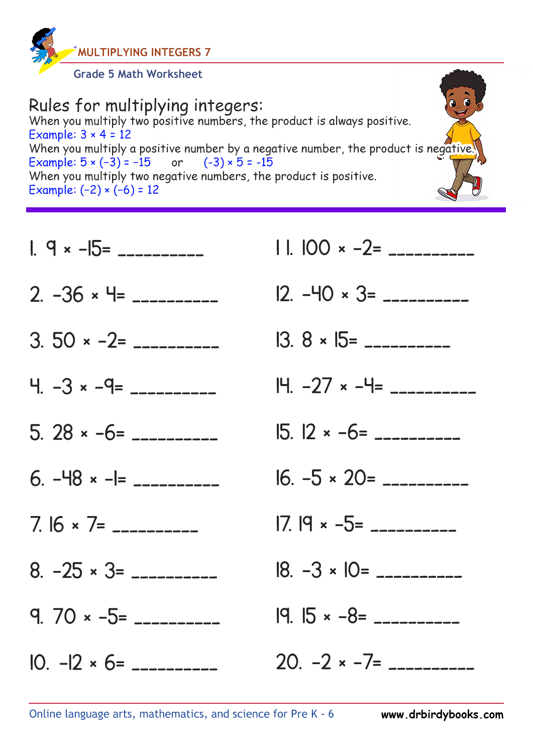 Grade 5 Math Multiplying Integers Worksheet with 20 problems.