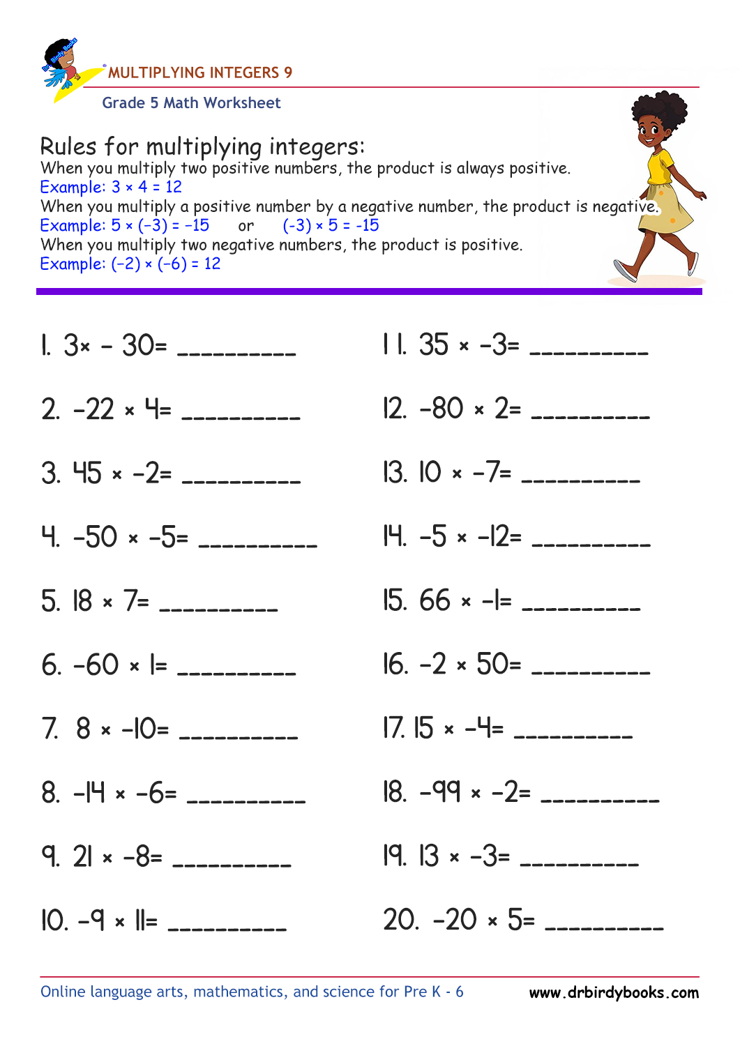 Grade 5 Math Multiplying Integers Worksheet with 20 problems.