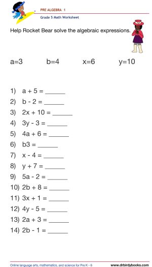 Grade 5 Pre-Algebra Worksheet showing examples of evaluating expressions with variables.