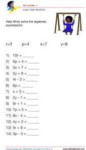 Grade 5 Pre-Algebra Worksheet showing examples of evaluating expressions with variables.