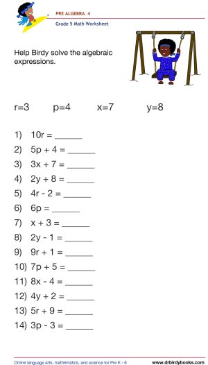 Grade 5 Pre-Algebra Worksheet showing examples of evaluating expressions with variables.