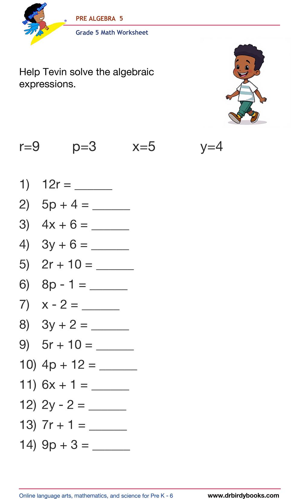 Grade 5 Pre-Algebra Worksheet showing examples of evaluating expressions with variables.