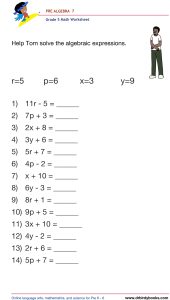 Grade 5 Pre-Algebra Worksheet showing examples of evaluating expressions with variables.