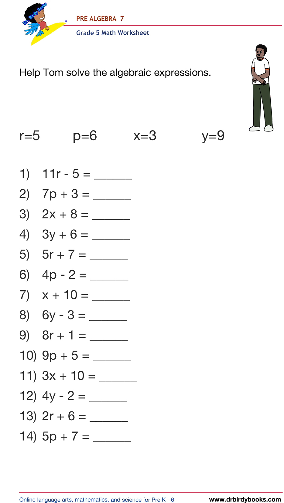 Grade 5 Pre-Algebra Worksheet showing examples of evaluating expressions with variables.