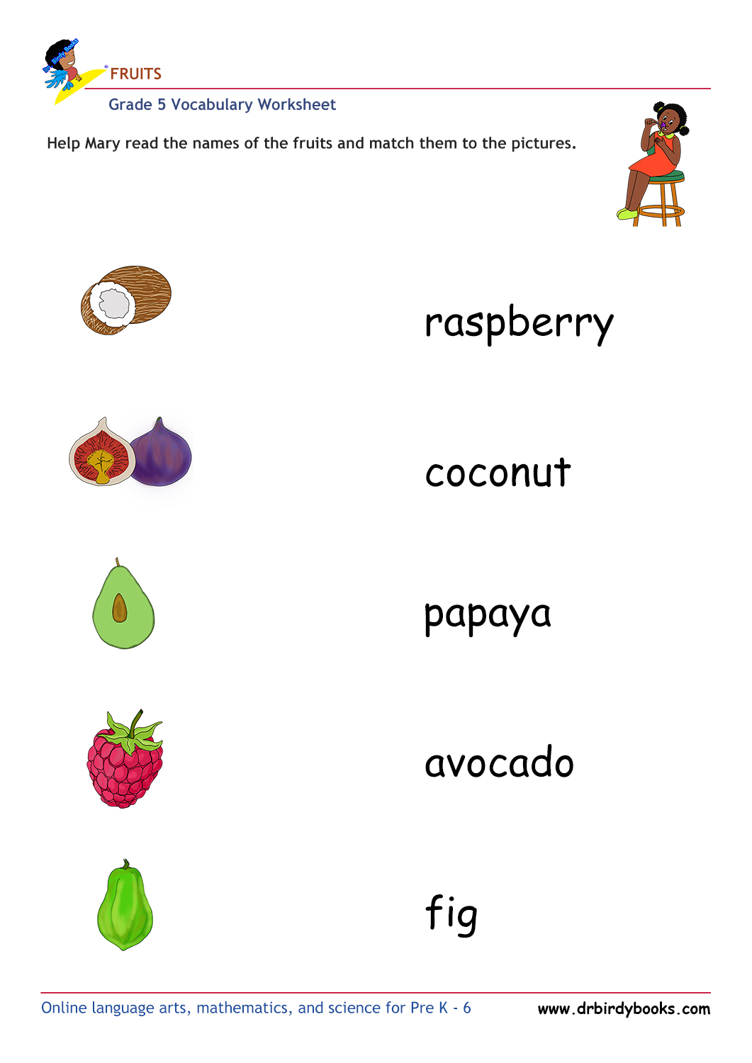 Grade 5 vocabulary worksheet featuring activities for matching pictures of fruits to their names.