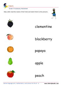 Grade 5 vocabulary worksheet featuring activities for matching pictures of fruits to their names.