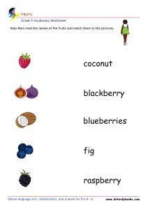 Grade 5 vocabulary worksheet featuring activities for matching pictures of fruits to their names.