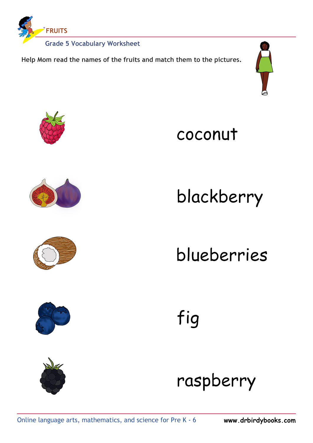 Grade 5 vocabulary worksheet featuring activities for matching pictures of fruits to their names.