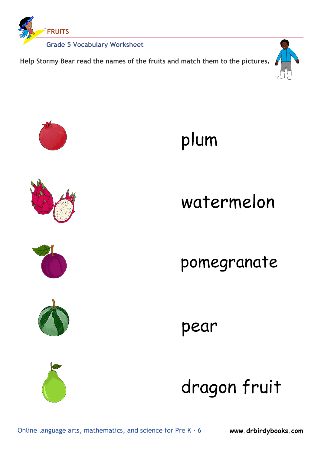 Grade 5 vocabulary worksheet featuring activities for matching pictures of fruits to their names.