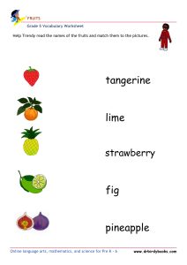 Grade 5 vocabulary worksheet featuring activities for matching pictures of fruits to their names.