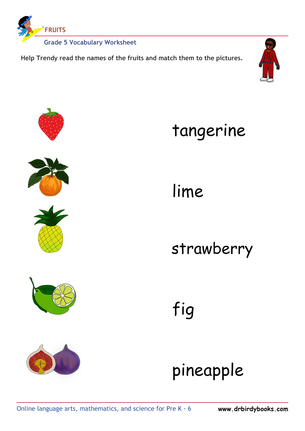 Grade 5 vocabulary worksheet featuring activities for matching pictures of fruits to their names.