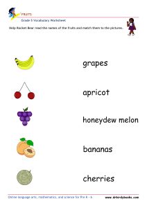Grade 5 vocabulary worksheet featuring activities for matching pictures of fruits to their names.