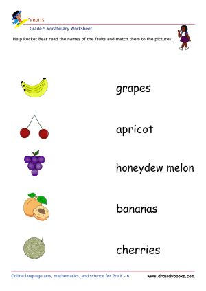Grade 5 vocabulary worksheet featuring activities for matching pictures of fruits to their names.