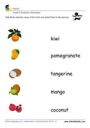 Grade 5 vocabulary worksheet featuring activities for matching pictures of fruits to their names.