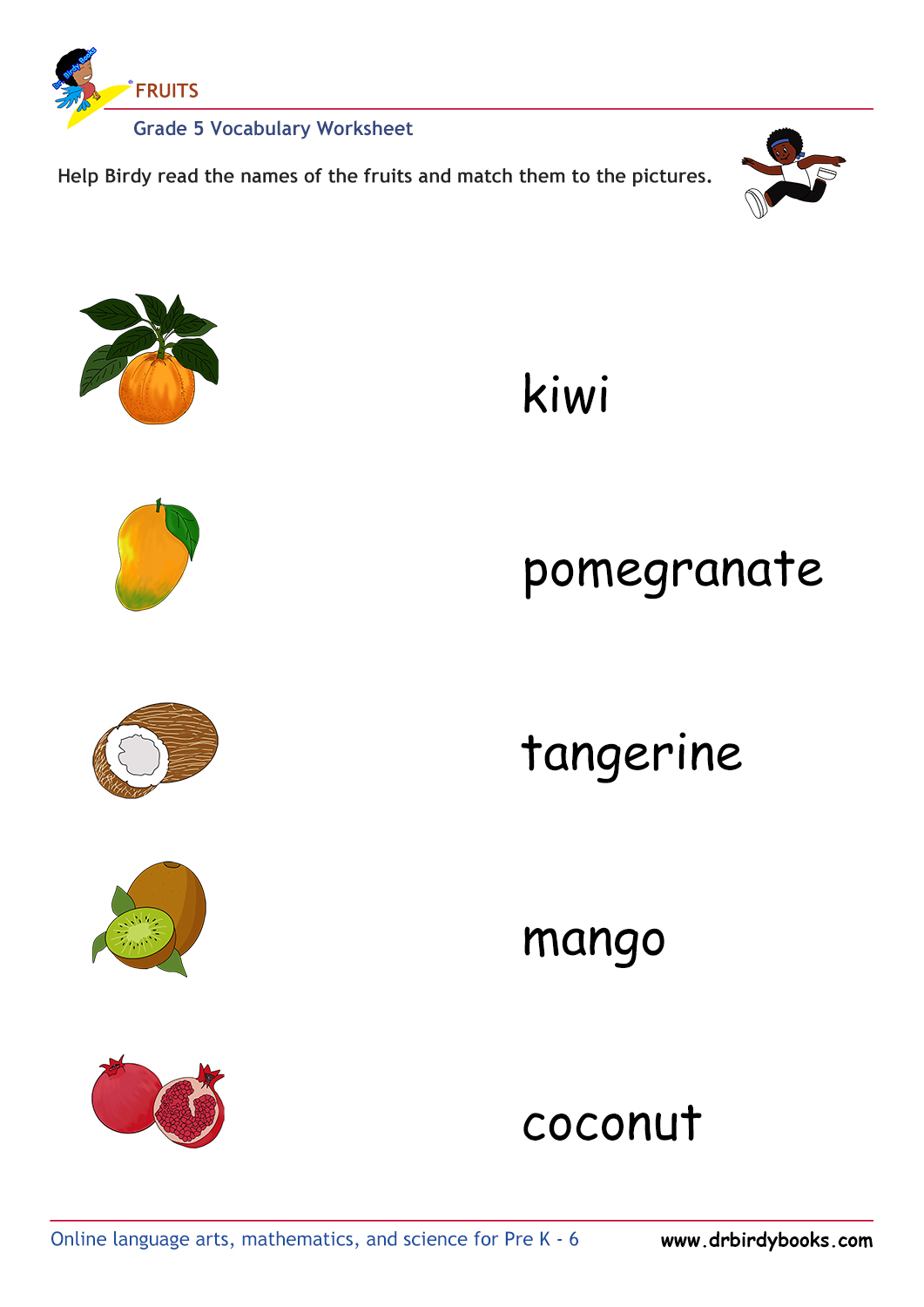 Grade 5 vocabulary worksheet featuring activities for matching pictures of fruits to their names.