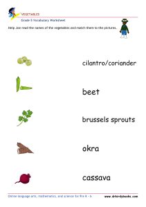 Grade 5 vocabulary worksheet featuring activities for matching pictures of vegetables to their names.