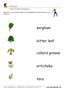 Grade 5 vocabulary worksheet featuring activities for matching pictures of vegetables to their names.
