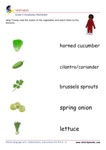 Grade 5 vocabulary worksheet featuring activities for matching pictures of vegetables to their names.