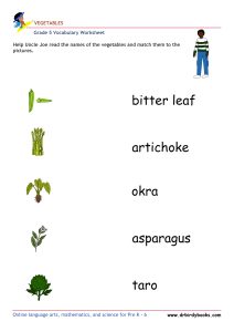 Grade 5 vocabulary worksheet featuring activities for matching pictures of vegetables to their names.