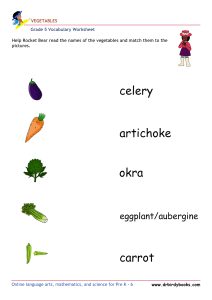 Grade 5 vocabulary worksheet featuring activities for matching pictures of vegetables to their names.