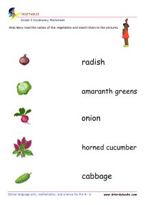 Grade 5 vocabulary worksheet featuring activities for matching pictures of vegetables to their names.
