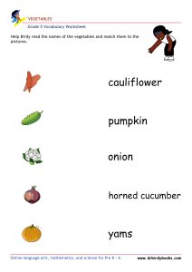 Grade 5 vocabulary worksheet featuring activities for matching pictures of vegetables to their names.