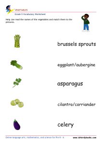 Grade 5 vocabulary worksheet featuring activities for matching pictures of vegetables to their names.