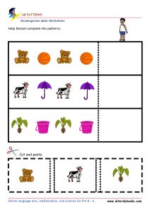 Kindergarten Math AB Patterns Worksheet with cut and paste activity.