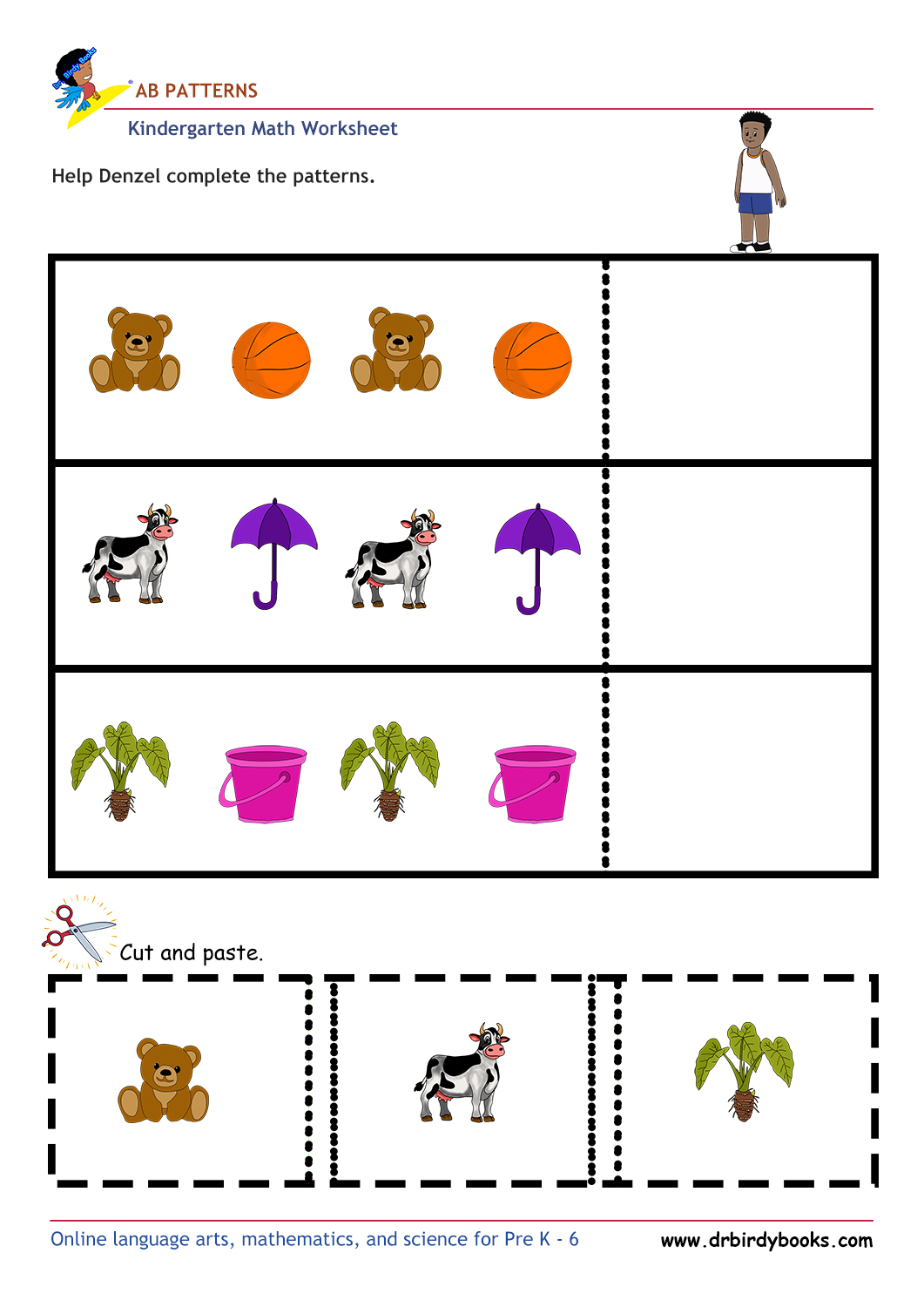Kindergarten Math AB Patterns Worksheet with cut and paste activity.